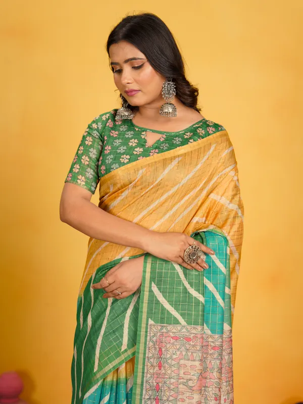 Jemisha_Green_&_Yellow_–_Festive_Season_Special_|_Soft_Semi_Tussar_Silk_Saree_with_Digital_Print,_Border_&_Contrast_Print_Blouse_with_Tassels