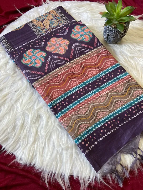 Soft_Tussar_Silk_sarees_with_Beautiful_Digital_Print_With_Attractive_Border_And_Contrast_Print_Blouse_With_Tassels