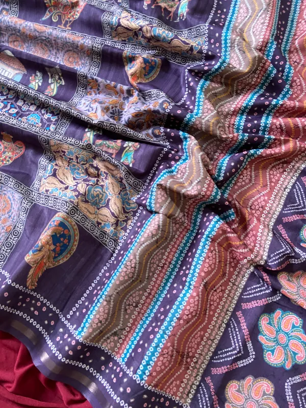 Soft_Tussar_Silk_sarees_with_Beautiful_Digital_Print_With_Attractive_Border_And_Contrast_Print_Blouse_With_Tassels