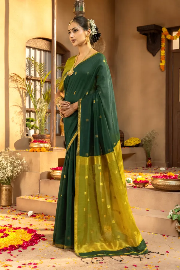 Jasleen_Mehendi_Green_–_Wedding_Special_|_Original_Maheswari_Cotton_Silk_Saree_with_Kanchipuram_Rich_Gold-Toned_Woven_Butti_Zari_Work,_Zari_Border