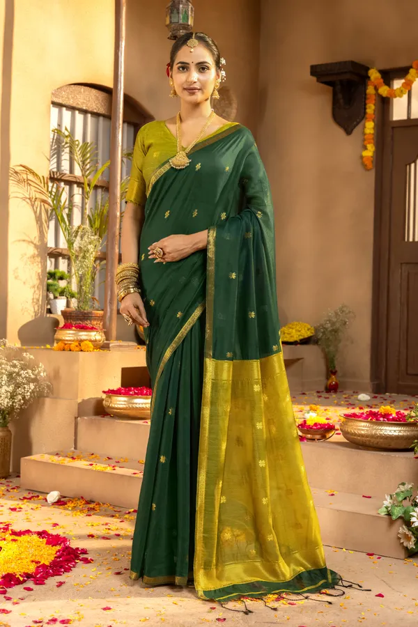 Jasleen_Mehendi_Green_–_Wedding_Special_|_Original_Maheswari_Cotton_Silk_Saree_with_Kanchipuram_Rich_Gold-Toned_Woven_Butti_Zari_Work,_Zari_Border