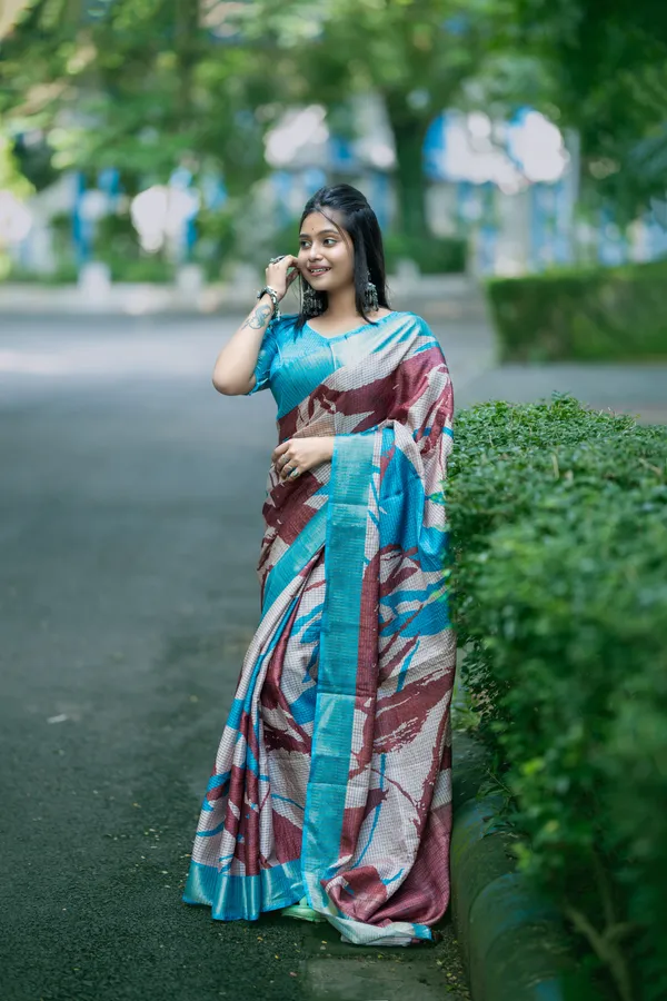 Aarathi_Coffee_Brown_&_Sky_Blue_–_Aarti_Glow_Diwali_Special_|_Soft_Tussar_Silk_Saree_with_Digital_Print,_Checks_Design_Saree_&_Digital_Print_Blouse