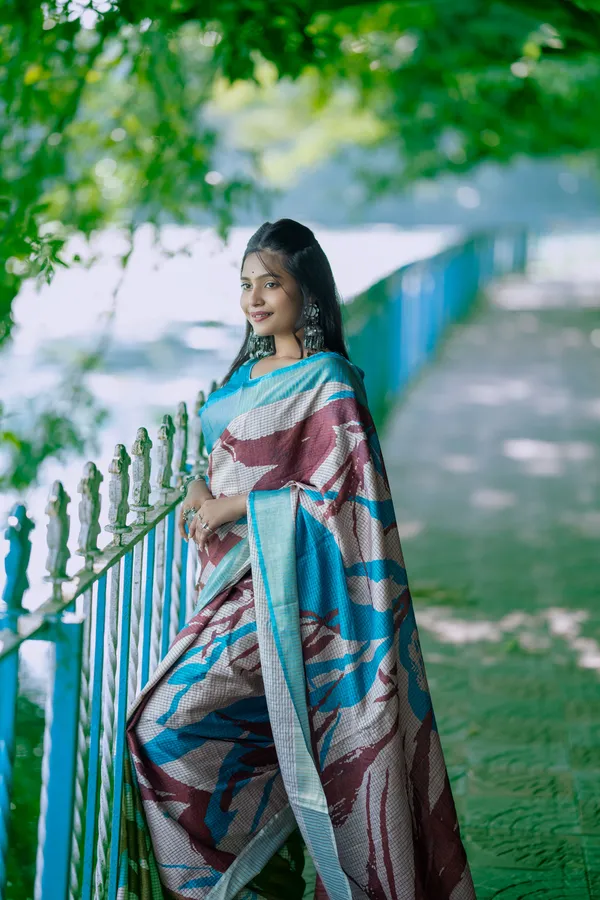 Aarathi_Coffee_Brown_&_Sky_Blue_–_Aarti_Glow_Diwali_Special_|_Soft_Tussar_Silk_Saree_with_Digital_Print,_Checks_Design_Saree_&_Digital_Print_Blouse