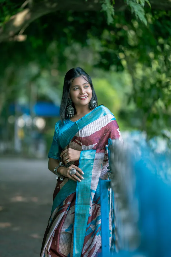 Aarathi_Coffee_Brown_&_Sky_Blue_–_Aarti_Glow_Diwali_Special_|_Soft_Tussar_Silk_Saree_with_Digital_Print,_Checks_Design_Saree_&_Digital_Print_Blouse