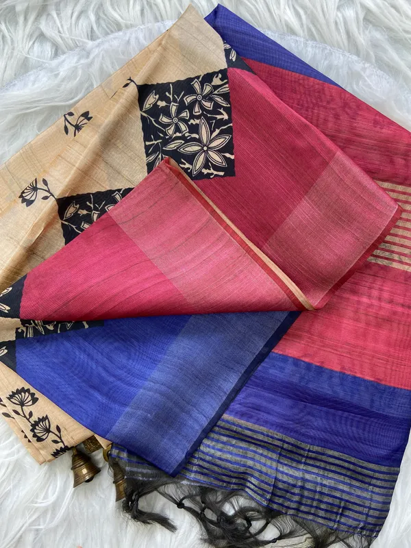 Tanya_Blue_&_Pink_–_Festive_Season_Special_|_Soft_Tussar_Silk_Saree_with_Print,_Border_&_Contrast_Print_Blouse_with_Tassels