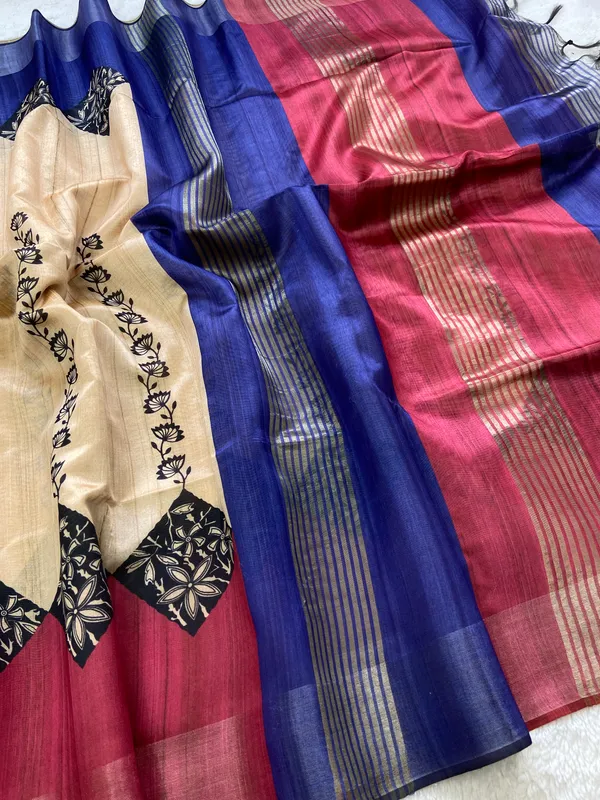 Tanya_Blue_&_Pink_–_Festive_Season_Special_|_Soft_Tussar_Silk_Saree_with_Print,_Border_&_Contrast_Print_Blouse_with_Tassels