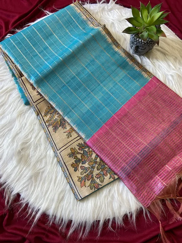Soft_Semi_Tussar_Silk_sarees_with_Beautiful_Digital_Print_With_Attractive_Border_And_Contrast_Print_Blouse_With_Tassels