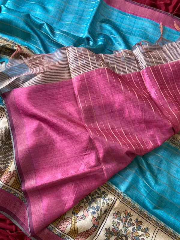 Soft_Semi_Tussar_Silk_sarees_with_Beautiful_Digital_Print_With_Attractive_Border_And_Contrast_Print_Blouse_With_Tassels