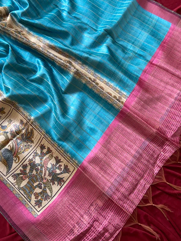 Soft_Semi_Tussar_Silk_sarees_with_Beautiful_Digital_Print_With_Attractive_Border_And_Contrast_Print_Blouse_With_Tassels