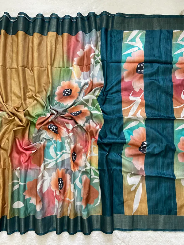 Vaishnavi_Rama_Green_–_Navratri_Special_|_Soft_Tussar_Silk_Saree_with_Print,_Border_&_Contrast_Print_Blouse_with_Tassels