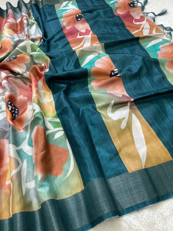Vaishnavi_Rama_Green_–_Navratri_Special_|_Soft_Tussar_Silk_Saree_with_Print,_Border_&_Contrast_Print_Blouse_with_Tassels