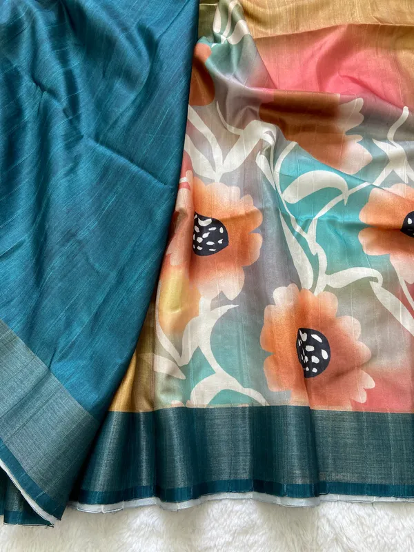 Vaishnavi_Rama_Green_–_Navratri_Special_|_Soft_Tussar_Silk_Saree_with_Print,_Border_&_Contrast_Print_Blouse_with_Tassels