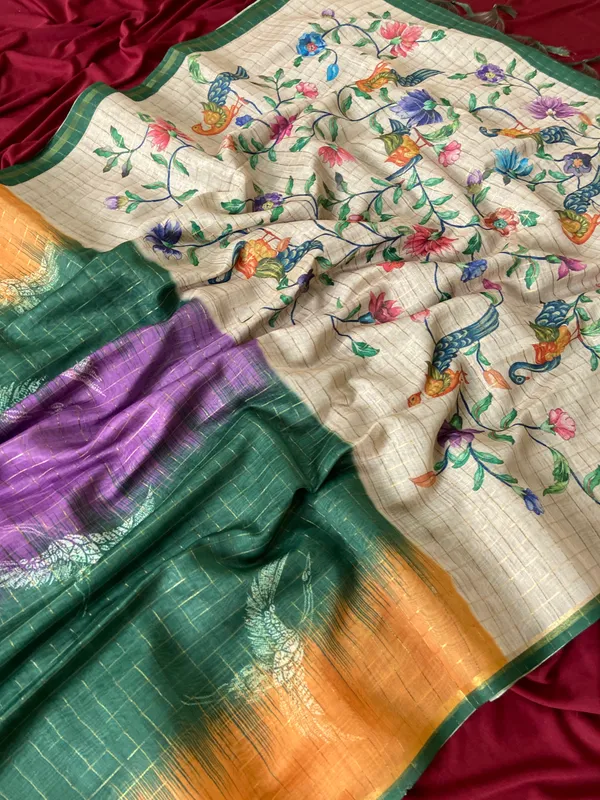 Soft_Semi_Tussar_Silk_sarees_with_Beautiful_Digital_Print_With_Attractive_Border_And_Contrast_Print_Blouse_With_Tassels