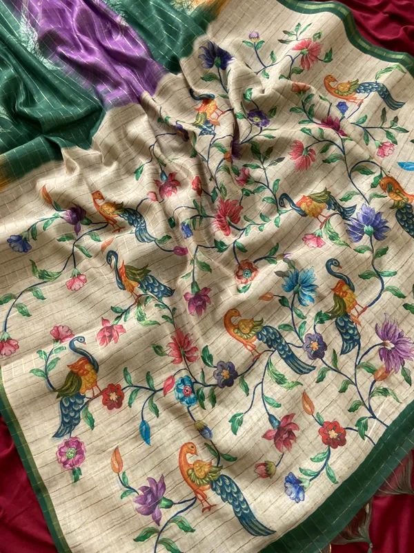 Soft_Semi_Tussar_Silk_sarees_with_Beautiful_Digital_Print_With_Attractive_Border_And_Contrast_Print_Blouse_With_Tassels