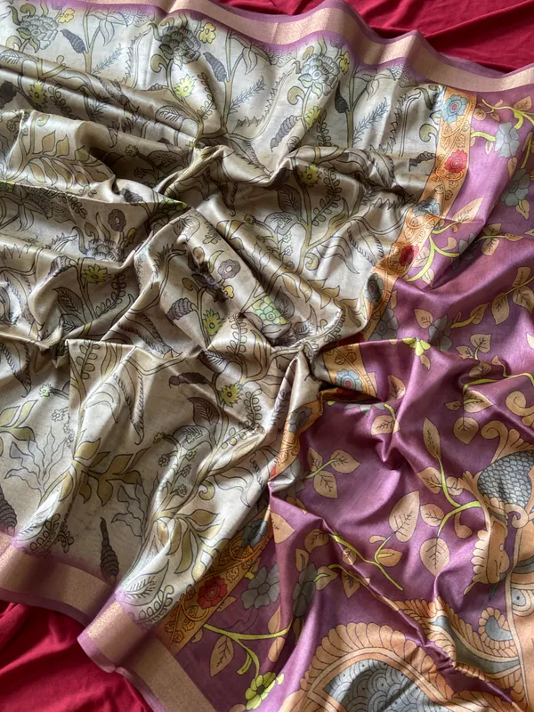Soft_Tussar_Silk_sarees_with_Beautiful_Digital_Print_With_Attractive_Border_And_Contrast_Print_Blouse_With_Tassels