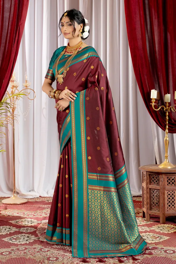 Narayana_Pattu_Narayanpet_Silk_sarees_with_Beautiful_Booti_in_Contrast_Rama-Maroon_Shades_With_Attractive_Weaving_Gold_Zari_Design_And_Contrast_Blouse_With_Tassels