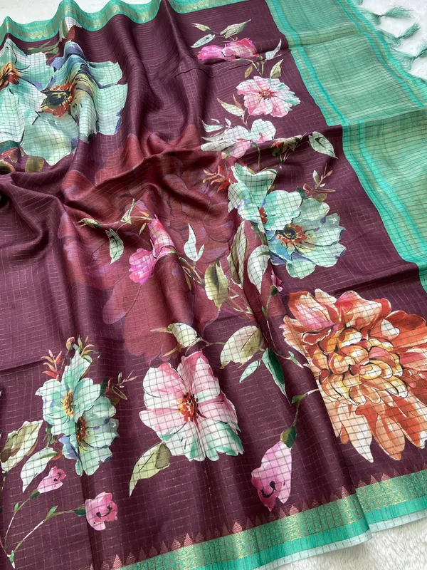 Soft_Tussar_Silk_sarees_with_Beautiful_Digital_Print_With_Attractive_Checks_Design_Saree_And_Digital_Print_Blouse_With_Tassels