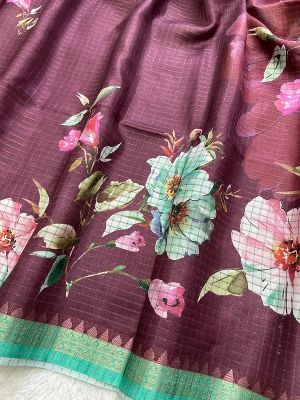 Soft_Tussar_Silk_sarees_with_Beautiful_Digital_Print_With_Attractive_Checks_Design_Saree_And_Digital_Print_Blouse_With_Tassels