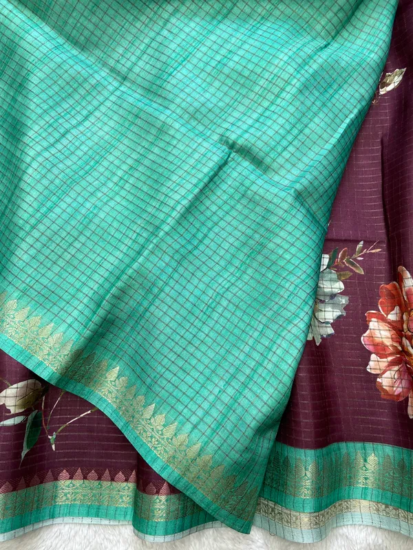 Soft_Tussar_Silk_sarees_with_Beautiful_Digital_Print_With_Attractive_Checks_Design_Saree_And_Digital_Print_Blouse_With_Tassels