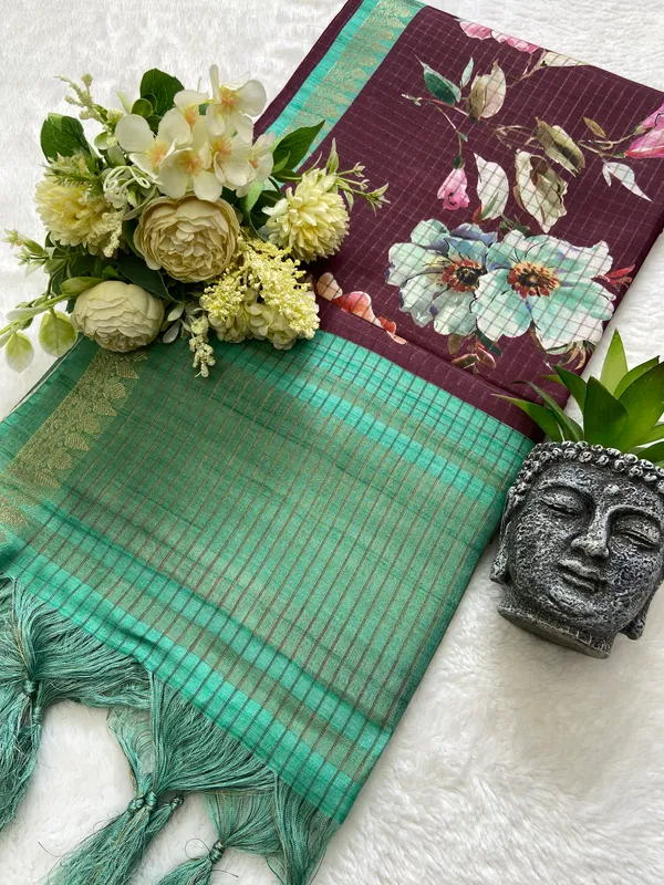 Soft_Tussar_Silk_sarees_with_Beautiful_Digital_Print_With_Attractive_Checks_Design_Saree_And_Digital_Print_Blouse_With_Tassels