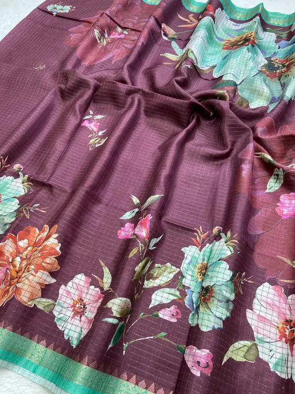 Soft_Tussar_Silk_sarees_with_Beautiful_Digital_Print_With_Attractive_Checks_Design_Saree_And_Digital_Print_Blouse_With_Tassels