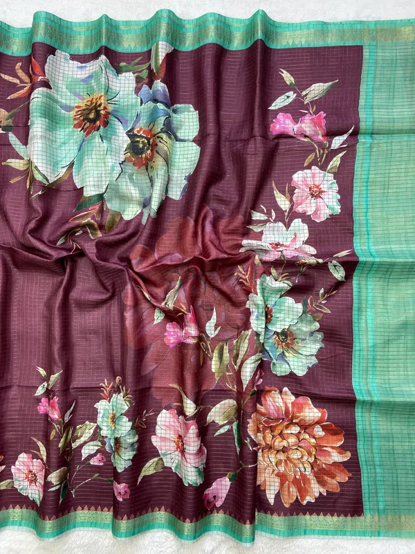Soft_Tussar_Silk_sarees_with_Beautiful_Digital_Print_With_Attractive_Checks_Design_Saree_And_Digital_Print_Blouse_With_Tassels