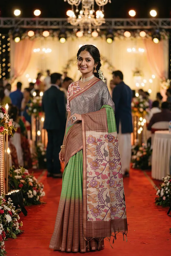 Nabia_Coffee_Brown_–_Aesthetic_Edit_for_You_|_Soft_Semi_Tussar_Silk_Saree_with_Digital_Print,_Border_&_Contrast_Print_Blouse_with_Tassels
