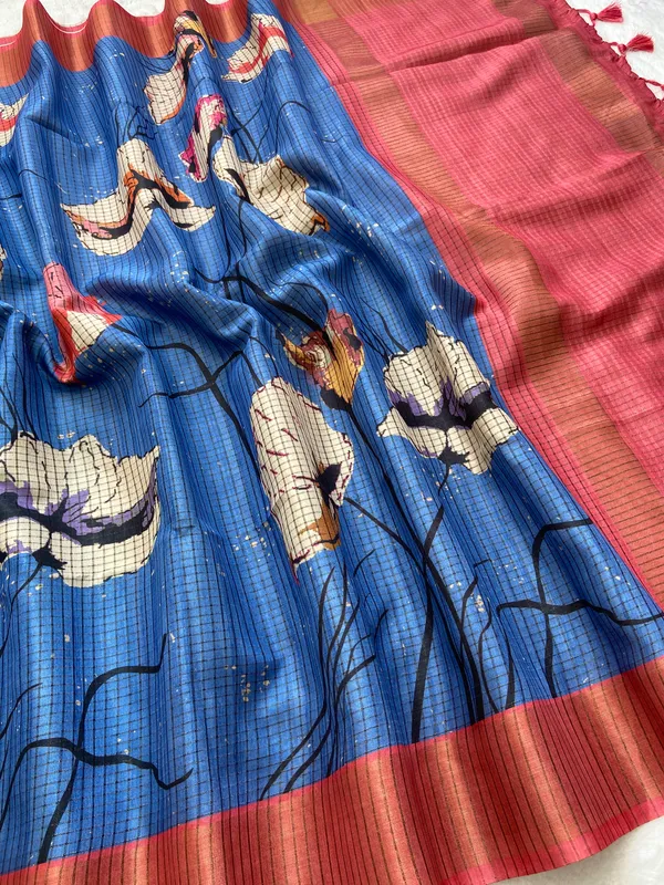 Soft_Tussar_Silk_sarees_with_Beautiful_Digital_Print_With_Attractive_Checks_Design_Saree_And_Digital_Print_Blouse_With_Tassels