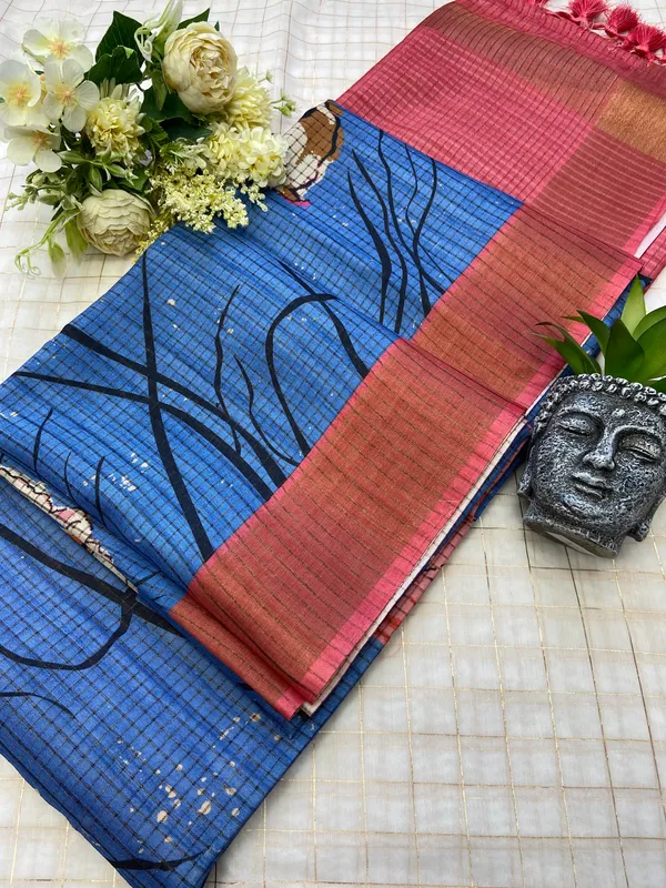 Soft_Tussar_Silk_sarees_with_Beautiful_Digital_Print_With_Attractive_Checks_Design_Saree_And_Digital_Print_Blouse_With_Tassels