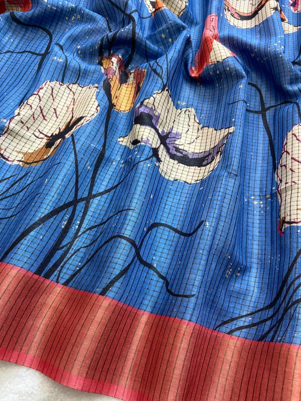 Soft_Tussar_Silk_sarees_with_Beautiful_Digital_Print_With_Attractive_Checks_Design_Saree_And_Digital_Print_Blouse_With_Tassels