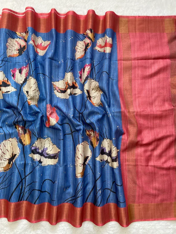 Soft_Tussar_Silk_sarees_with_Beautiful_Digital_Print_With_Attractive_Checks_Design_Saree_And_Digital_Print_Blouse_With_Tassels