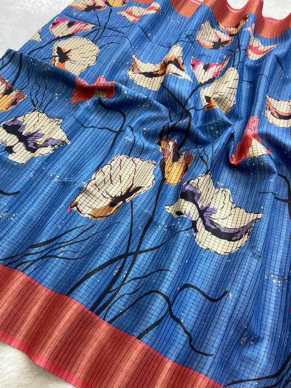Soft_Tussar_Silk_sarees_with_Beautiful_Digital_Print_With_Attractive_Checks_Design_Saree_And_Digital_Print_Blouse_With_Tassels