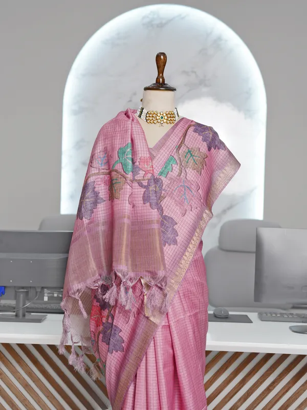 Narmada_Pink_–_Checks_Design_Aesthetic_Edit_for_You_|_Soft_Tussar_Silk_Saree_with_Digital_Print,_Checks_Design_Saree_&_Digital_Print_Blouse