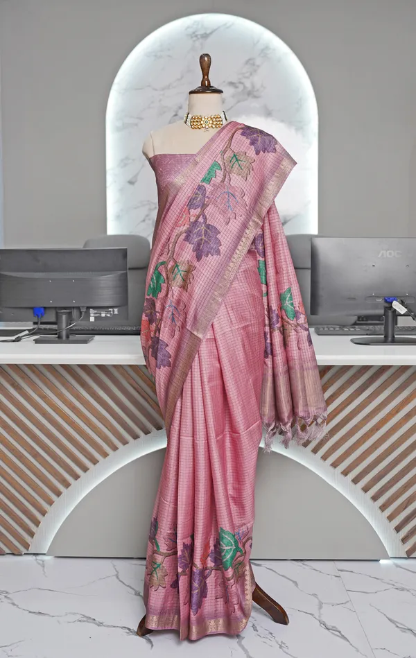 Narmada_Pink_–_Checks_Design_Aesthetic_Edit_for_You_|_Soft_Tussar_Silk_Saree_with_Digital_Print,_Checks_Design_Saree_&_Digital_Print_Blouse