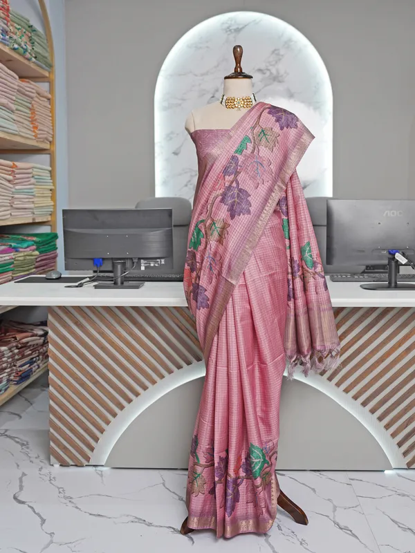 Narmada_Pink_–_Checks_Design_Aesthetic_Edit_for_You_|_Soft_Tussar_Silk_Saree_with_Digital_Print,_Checks_Design_Saree_&_Digital_Print_Blouse