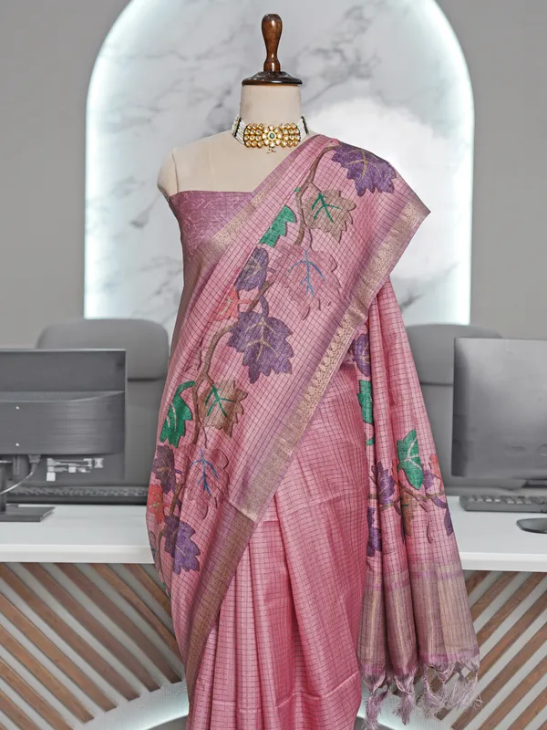 Narmada_Pink_–_Checks_Design_Aesthetic_Edit_for_You_|_Soft_Tussar_Silk_Saree_with_Digital_Print,_Checks_Design_Saree_&_Digital_Print_Blouse