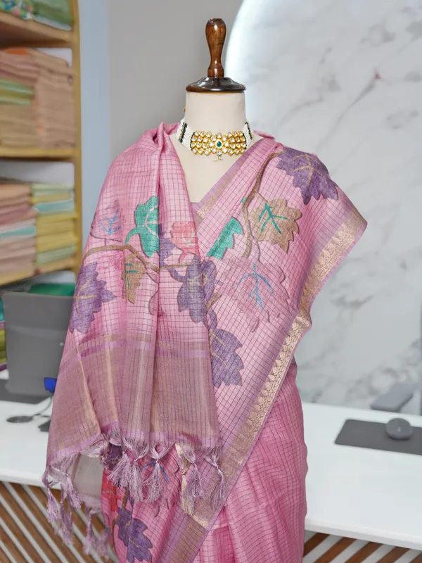 Narmada_Pink_–_Checks_Design_Aesthetic_Edit_for_You_|_Soft_Tussar_Silk_Saree_with_Digital_Print,_Checks_Design_Saree_&_Digital_Print_Blouse