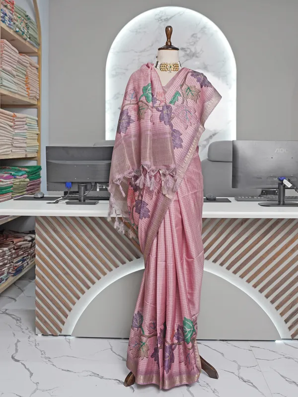Narmada_Pink_–_Checks_Design_Aesthetic_Edit_for_You_|_Soft_Tussar_Silk_Saree_with_Digital_Print,_Checks_Design_Saree_&_Digital_Print_Blouse