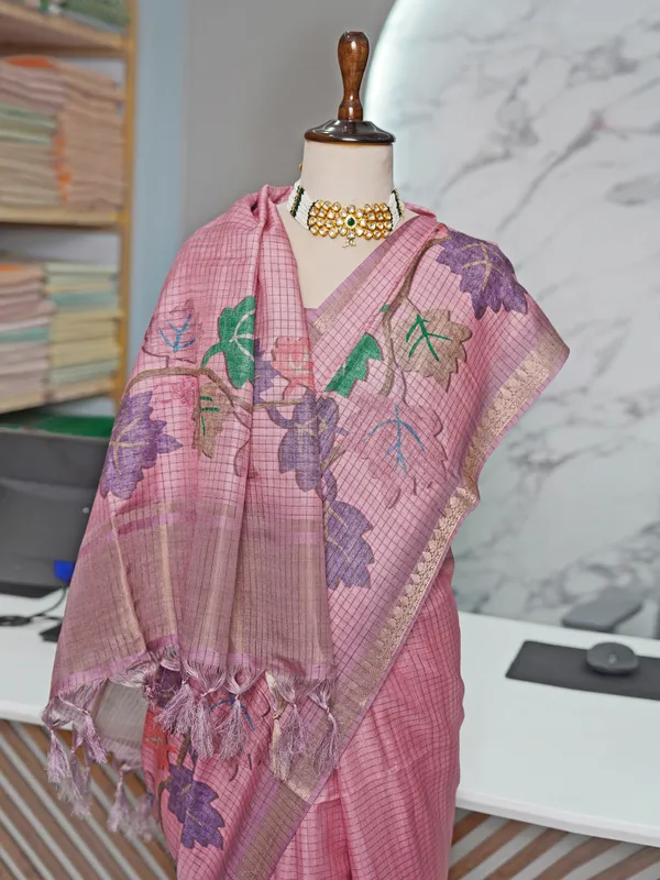 Narmada_Pink_–_Checks_Design_Aesthetic_Edit_for_You_|_Soft_Tussar_Silk_Saree_with_Digital_Print,_Checks_Design_Saree_&_Digital_Print_Blouse