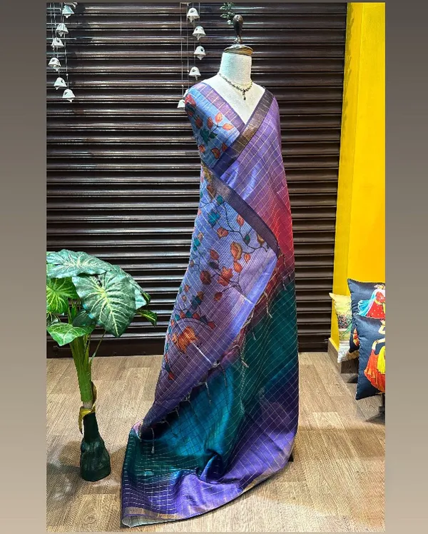 Nithya_Blue_–_Timeless_Navratri_Special_|_Soft_Tussar_Silk_Saree_with_Print,_Border_&_Contrast_Print_Blouse_with_Tassels