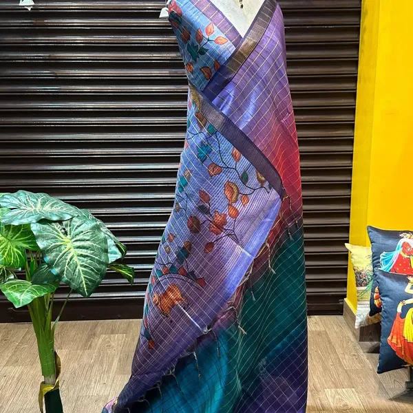 Nithya_Blue_–_Timeless_Navratri_Special_|_Soft_Tussar_Silk_Saree_with_Print,_Border_&_Contrast_Print_Blouse_with_Tassels