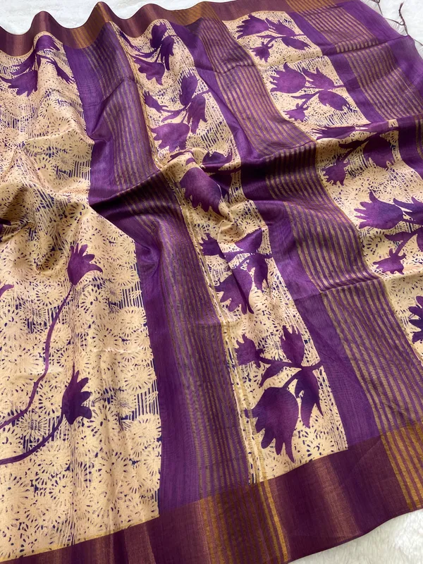 Aalia_Wine_–_Noble_Diwali_Special_|_Soft_Tussar_Silk_Saree_with_Print,_Border_&_Contrast_Print_Blouse_with_Tassels