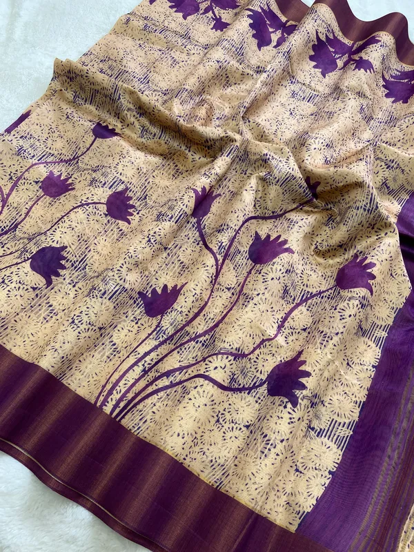 Aalia_Wine_–_Noble_Diwali_Special_|_Soft_Tussar_Silk_Saree_with_Print,_Border_&_Contrast_Print_Blouse_with_Tassels