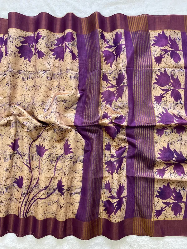 Aalia_Wine_–_Noble_Diwali_Special_|_Soft_Tussar_Silk_Saree_with_Print,_Border_&_Contrast_Print_Blouse_with_Tassels