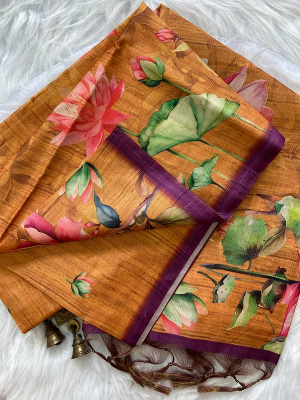 Abha_Orange_–_Radiant_Diwali_Special_|_Soft_Tussar_Silk_Saree_with_Digital_Print,_Zari_Line_Saree_&_Digital_Print_Blouse_with_Tassels