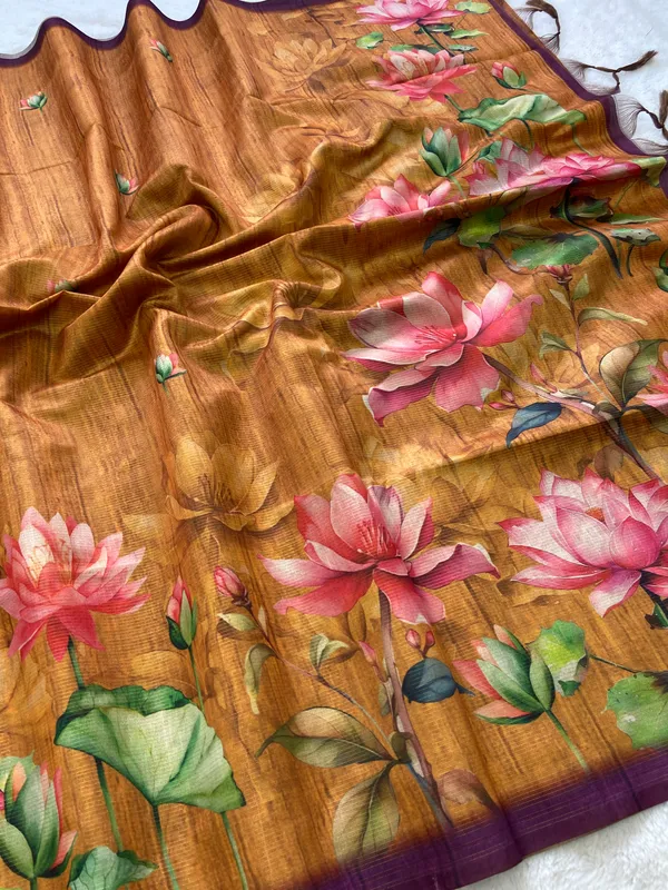 Abha_Orange_–_Radiant_Diwali_Special_|_Soft_Tussar_Silk_Saree_with_Digital_Print,_Zari_Line_Saree_&_Digital_Print_Blouse_with_Tassels