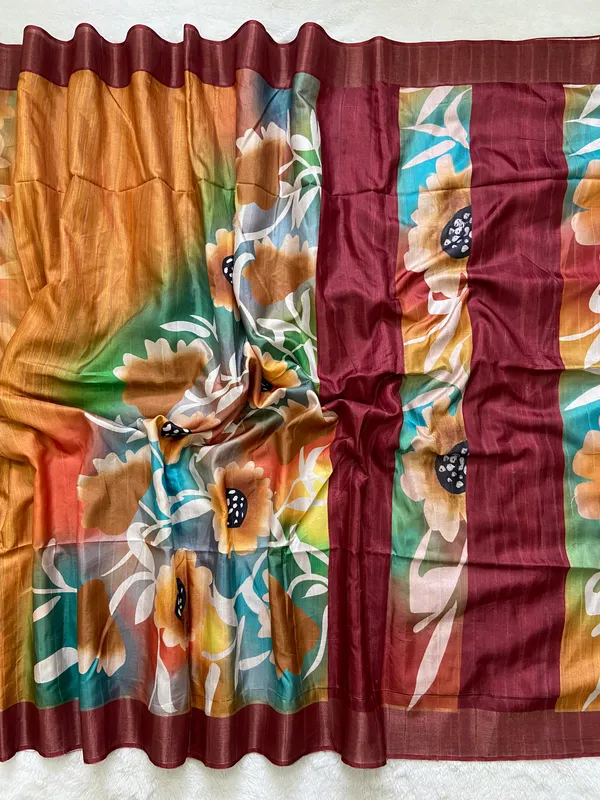 Vaishnavi_Maroon_–_Navratri_Special_|_Soft_Tussar_Silk_Saree_with_Print,_Border_&_Contrast_Print_Blouse_with_Tassels