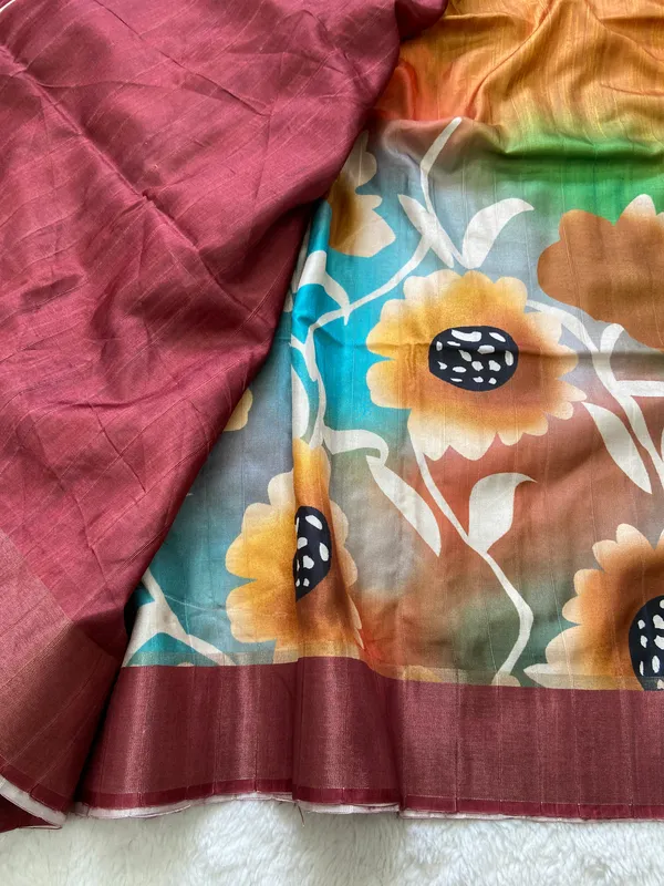 Vaishnavi_Maroon_–_Navratri_Special_|_Soft_Tussar_Silk_Saree_with_Print,_Border_&_Contrast_Print_Blouse_with_Tassels