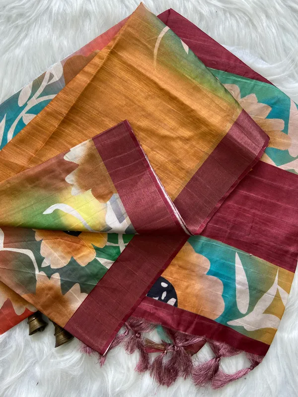 Vaishnavi_Maroon_–_Navratri_Special_|_Soft_Tussar_Silk_Saree_with_Print,_Border_&_Contrast_Print_Blouse_with_Tassels