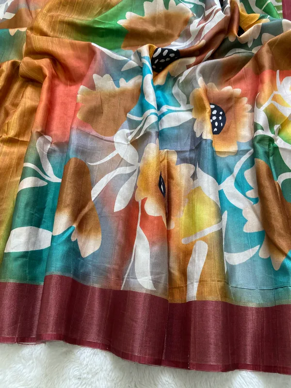 Vaishnavi_Maroon_–_Navratri_Special_|_Soft_Tussar_Silk_Saree_with_Print,_Border_&_Contrast_Print_Blouse_with_Tassels
